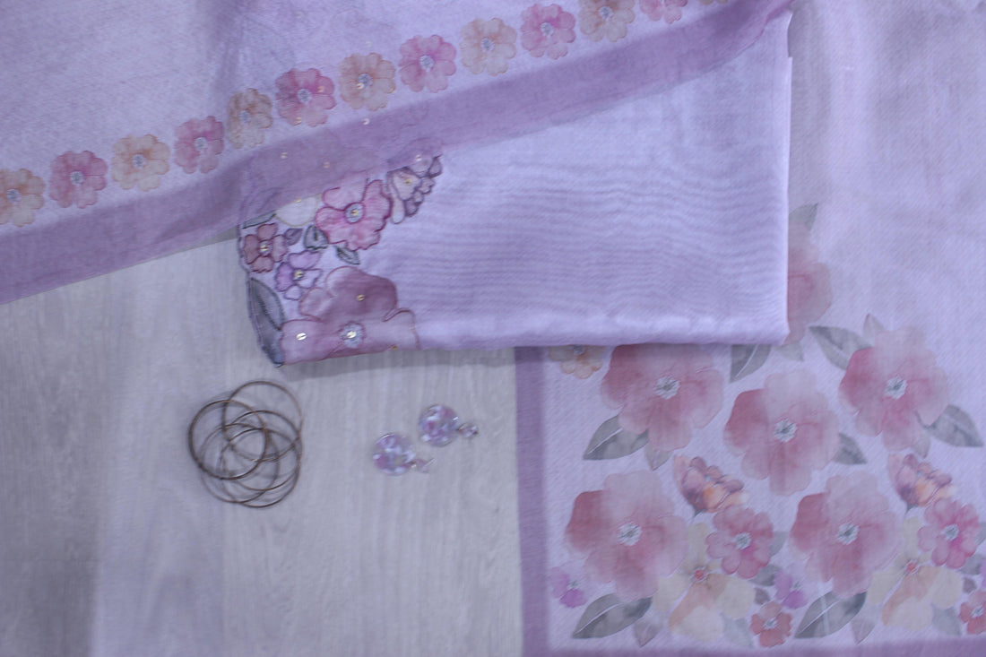 Lavender Blossom Hand Embroidery Unstitched Silver Browie Arca Daman Fabric