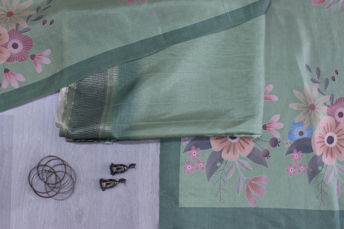 Olive Green Hexa Border Shaded Floral Garden Unstitched Fabric