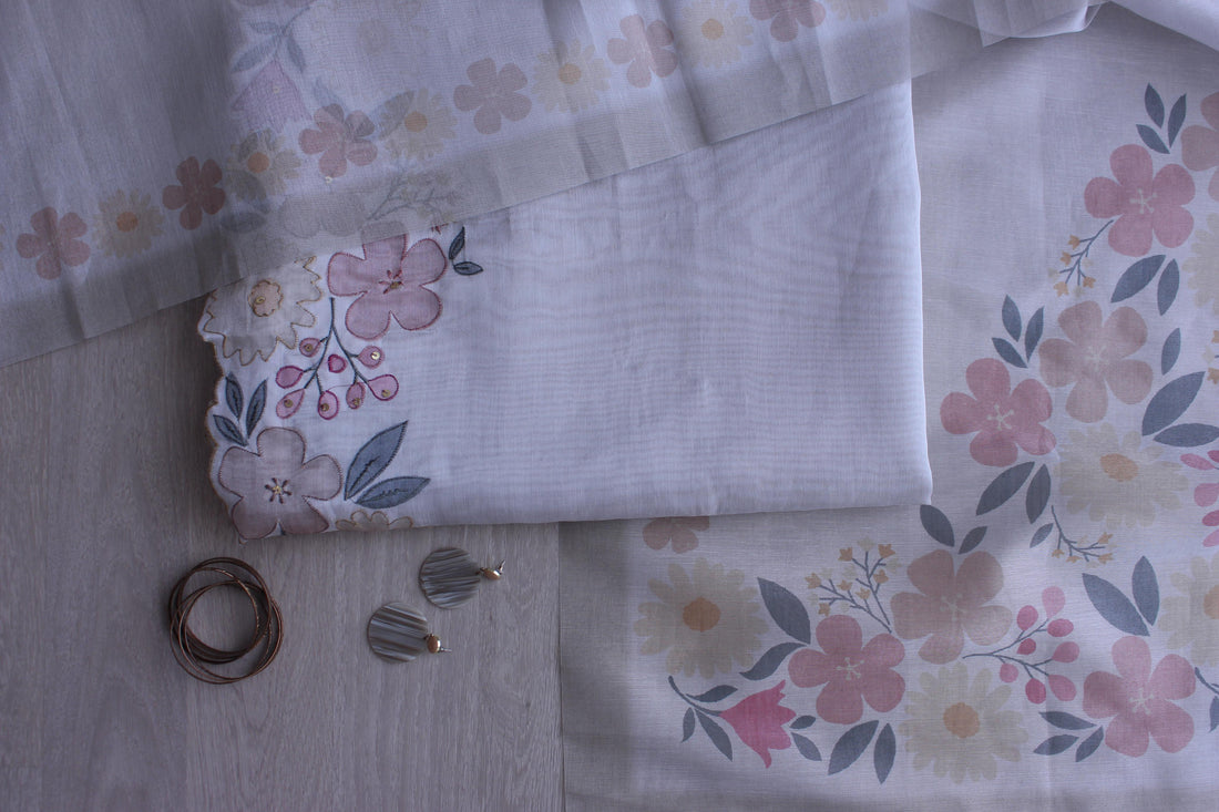 White Blossom Hand Embroidery Unstitched Silver Browie Fabric