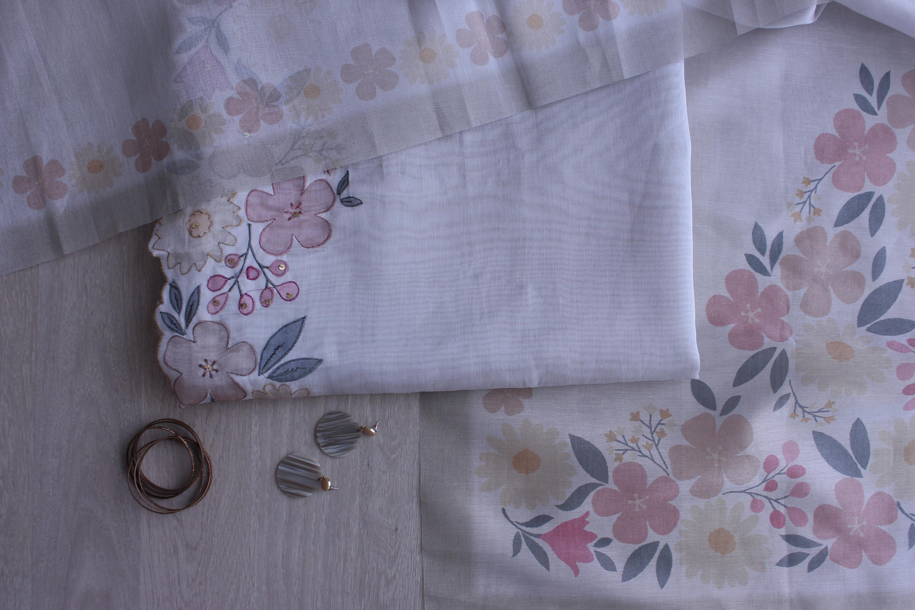 White Blossom Hand Embroidery Unstitched Silver Browie Fabric