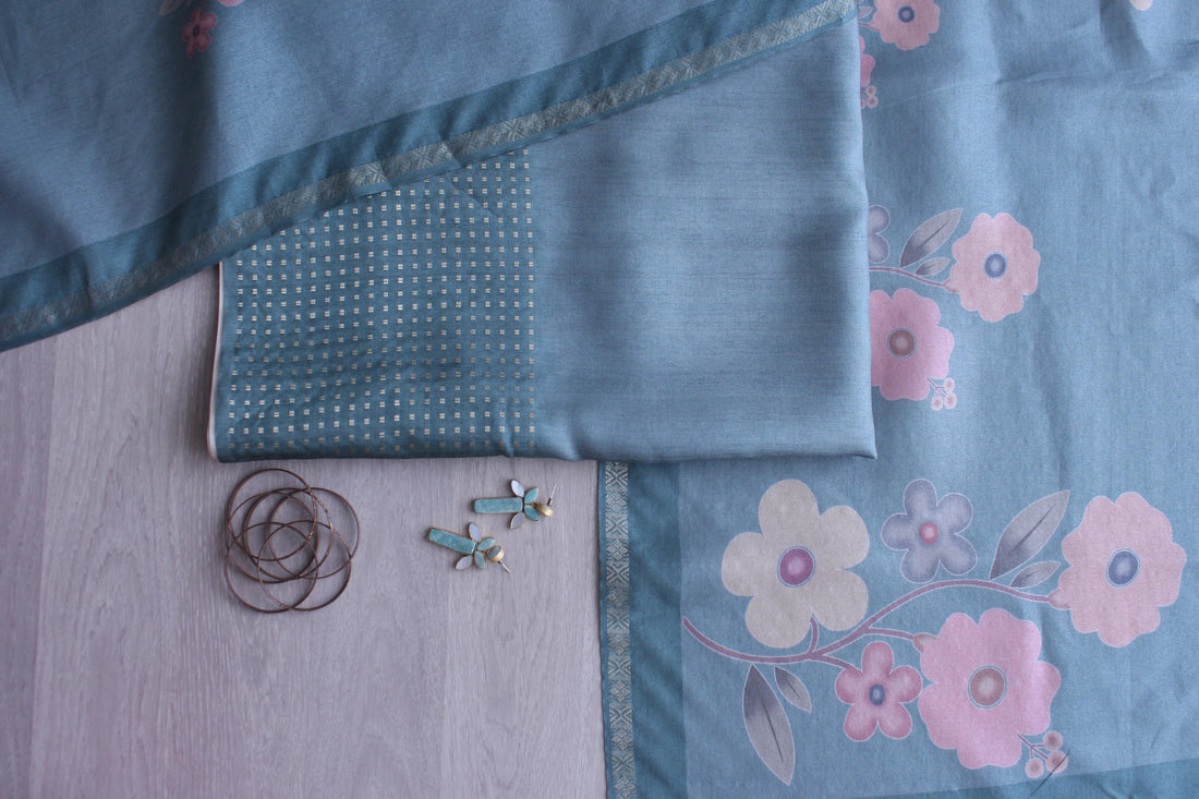 Teal Tussar Sequence Daman Floral Motif Unstitched Fabric