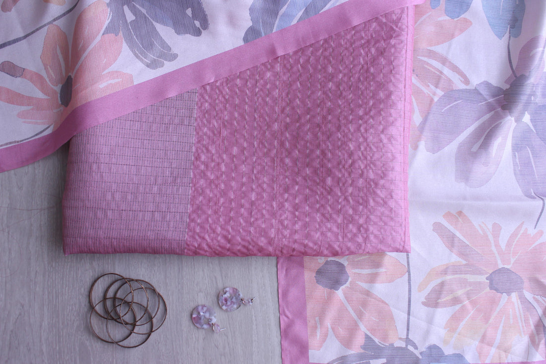 Pastel Pink Satin Daman Check Floral Accent Unstitched Fabric