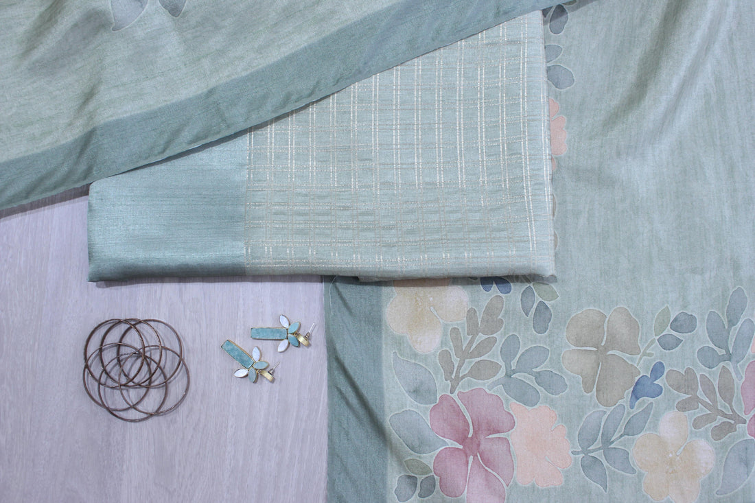Green Satin Daman Check Floral Garden Unstitched Fabric