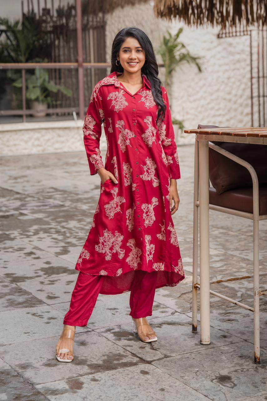 Flora Ensemble Red Viscose Co-ord with Shirt Collar &amp; 3/4th Sleeves
