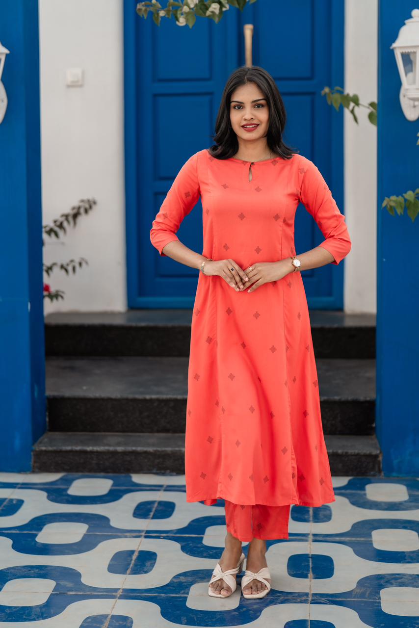 Orange Flow Viscose Co-ord with Boat Neck &amp; 3/4th Sleeves