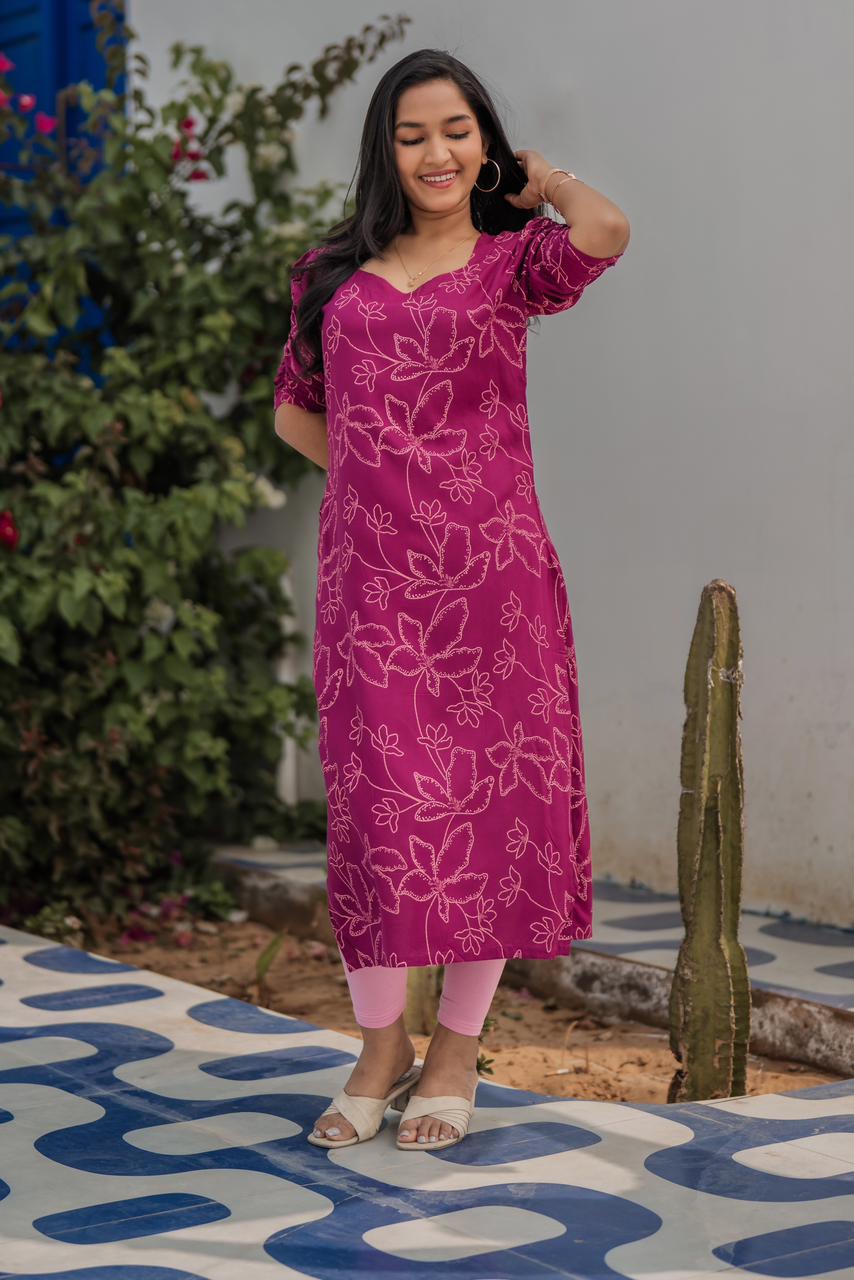 Berry Vine Violet Viscose Kurta with Sweetheart Neck &amp; Ruched Sleeves