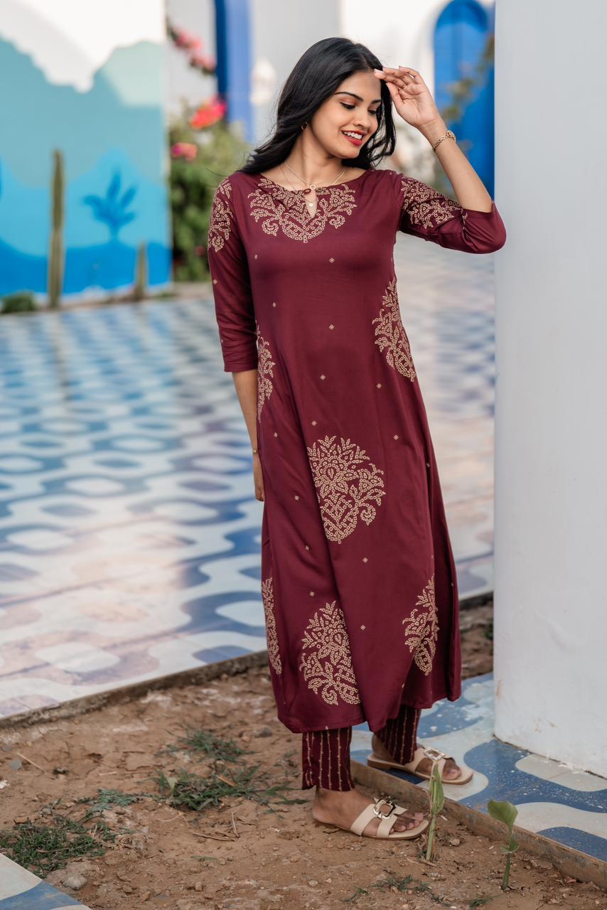 Bronza Aura Brown Viscose Co-ord with Boat Neck &amp; 3/4th Sleeves