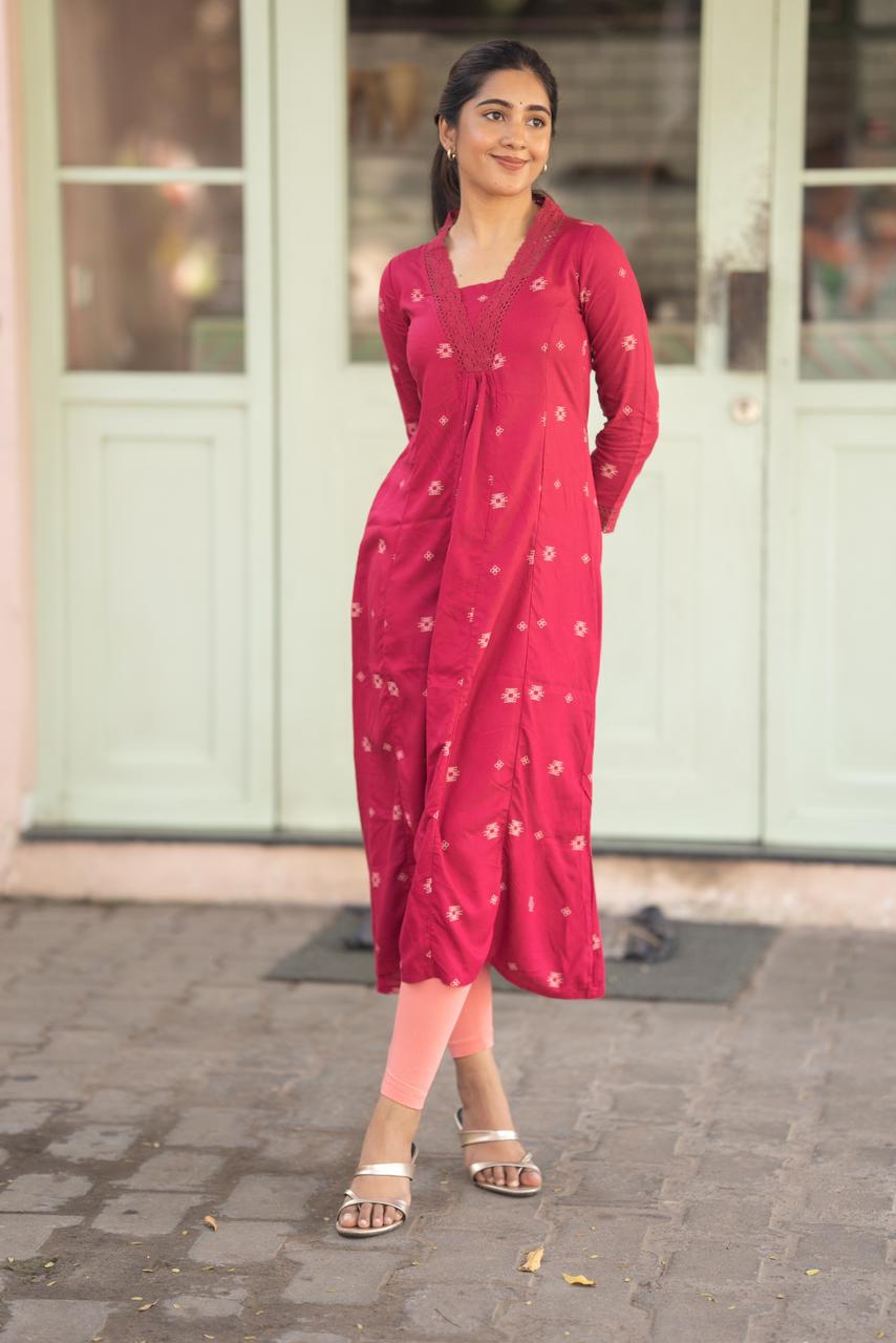 Wine Loom Majenta Viscose A-Line Kurta with V-Neck Lace &amp; 3/4 Sleeves