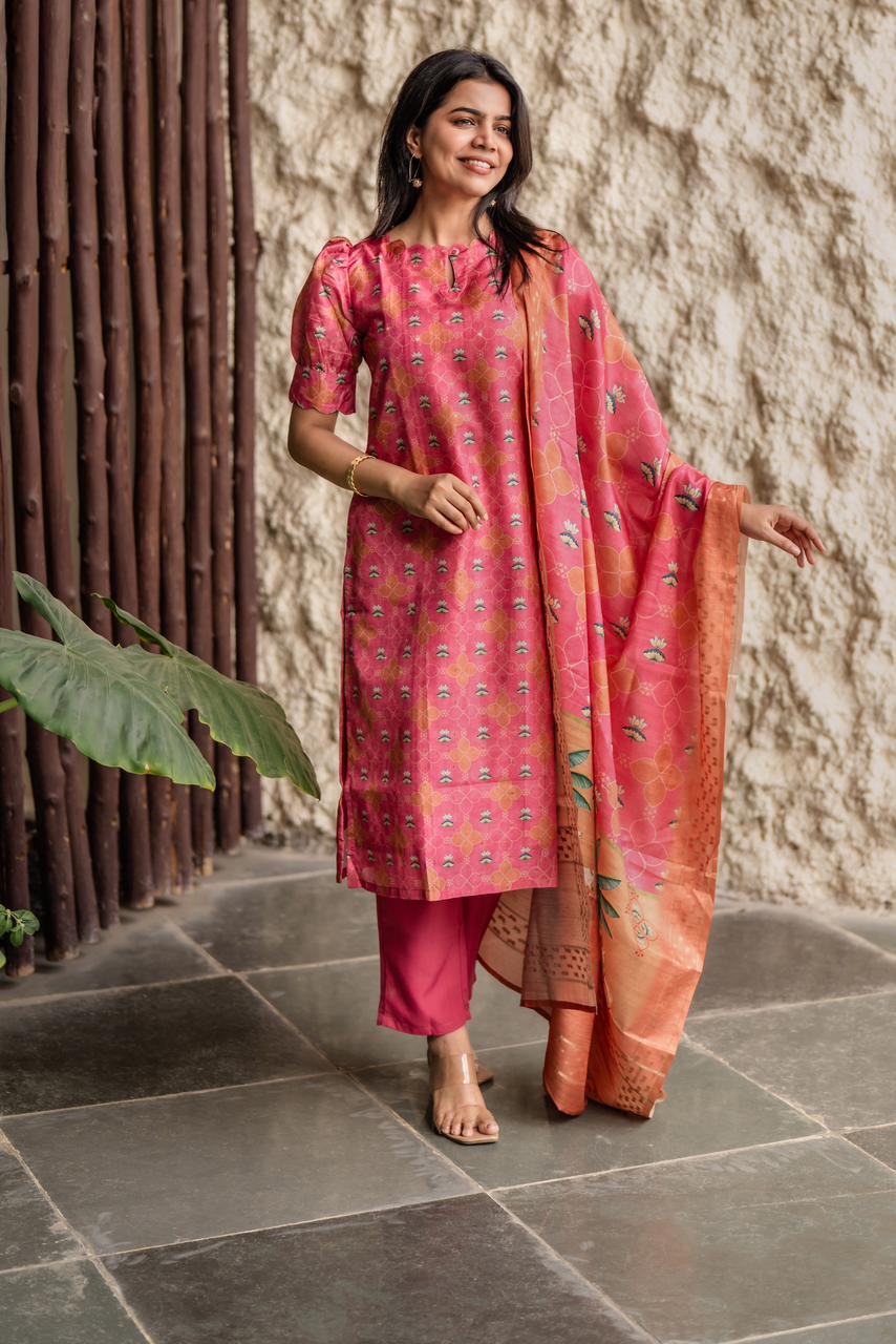Pink Heritage 3 Piece Tissue silk blend printed Kurta with Pant &amp; Dupatta