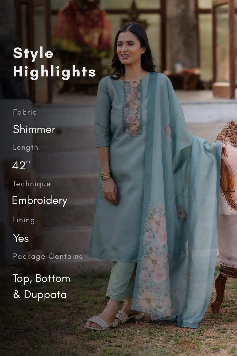 Rustic Charm Green 3 Piece Shimmer Tissue Blend Embroidered &amp; Printed Kurta with Pant &amp; Dupatta