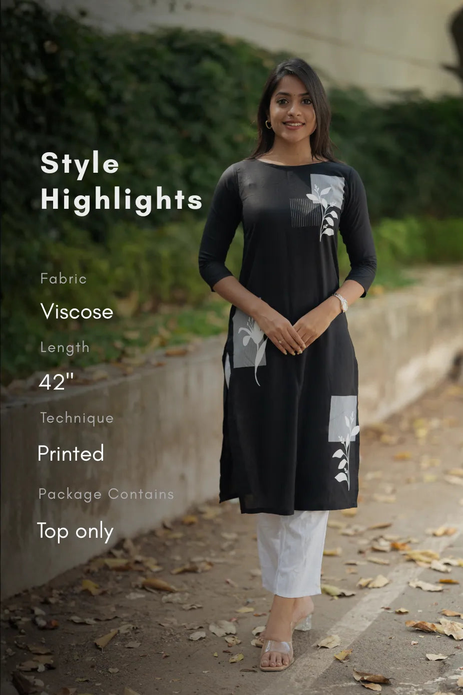 Obsidian Bloom Black Viscose Kurta with Boat Neck &amp; 3/4 Sleeves