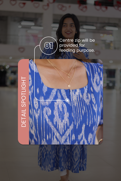 Indigo Ikat maternity wear dress for feeding