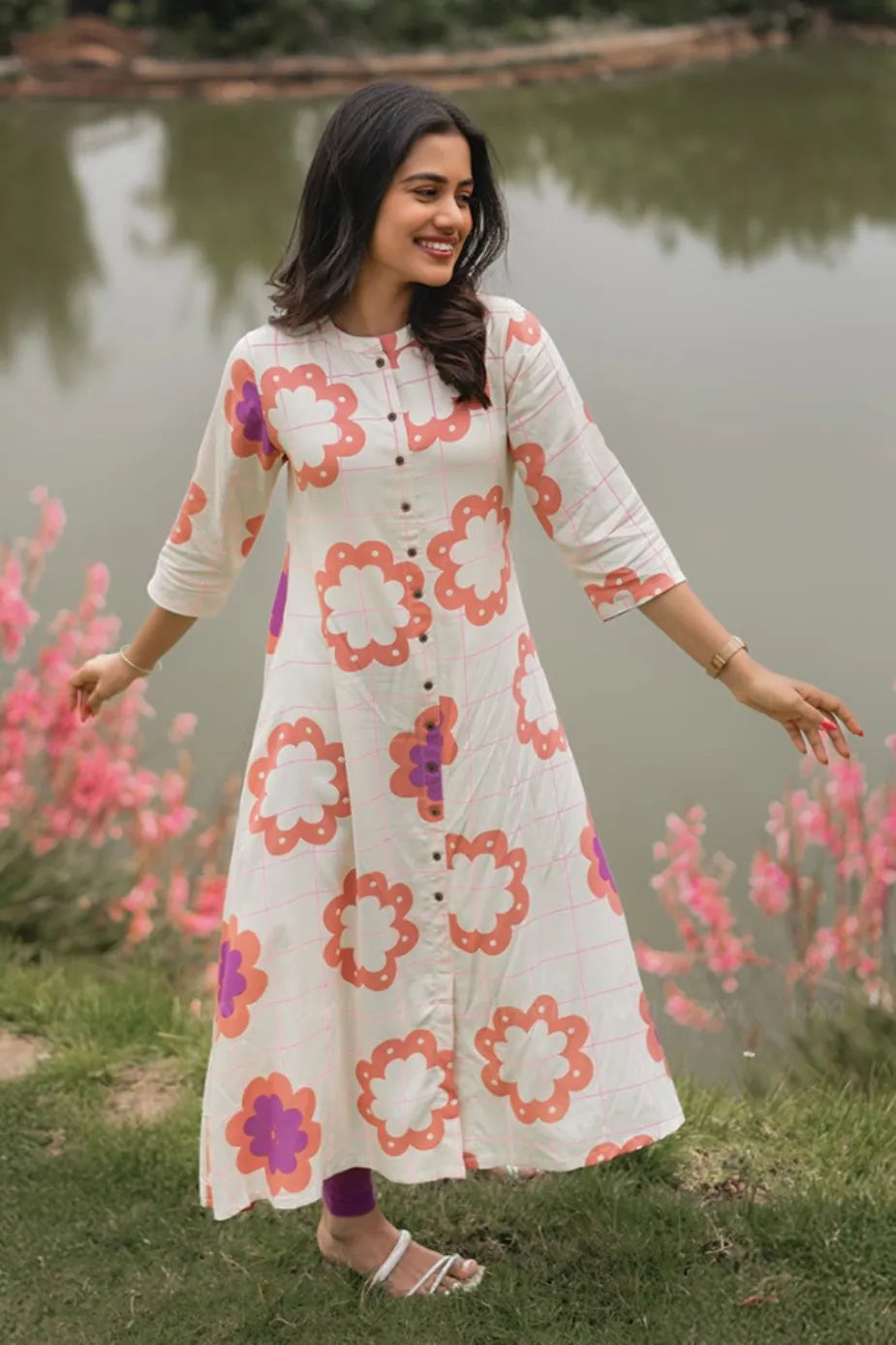 Floracheck Enchant Beige Viscose A-Line Kurta with Chinese Collar &amp; 3/4th Sleeves