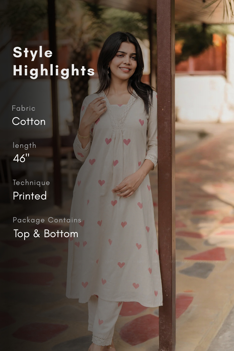 Crossheart Charm Off-White Cotton Co-Ord with V-Neckline &amp; 3/4th Sleeves