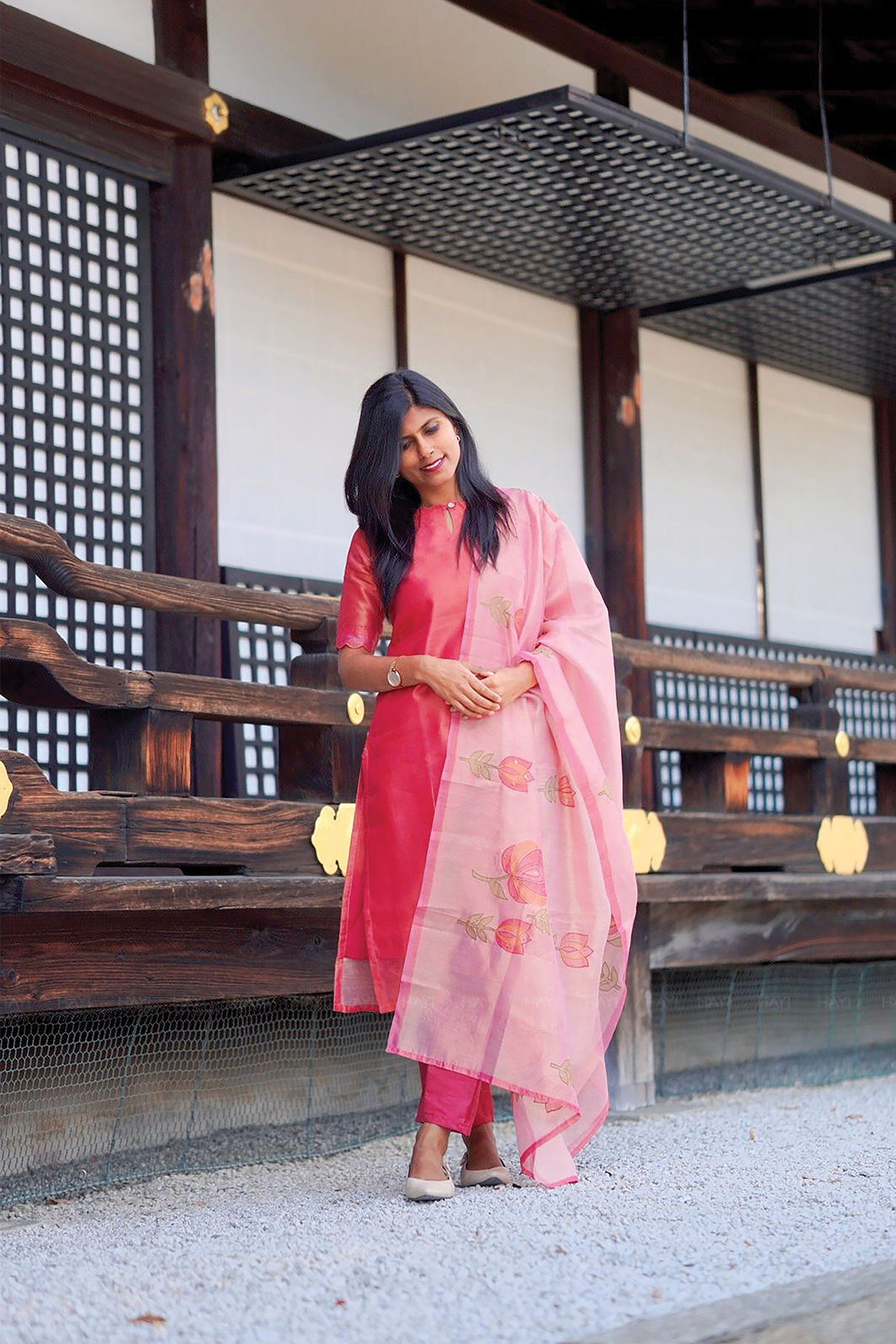 Tavira Pink 3 piece Tussar Silk Blend Printed Kurta with Pant &amp; Dupatta