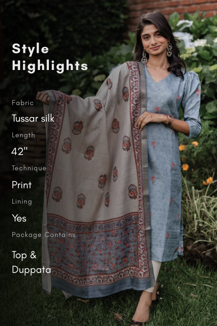 Ivory Bloom Printed 2 Piece Tussar Silk Kurta Set with Dupatta