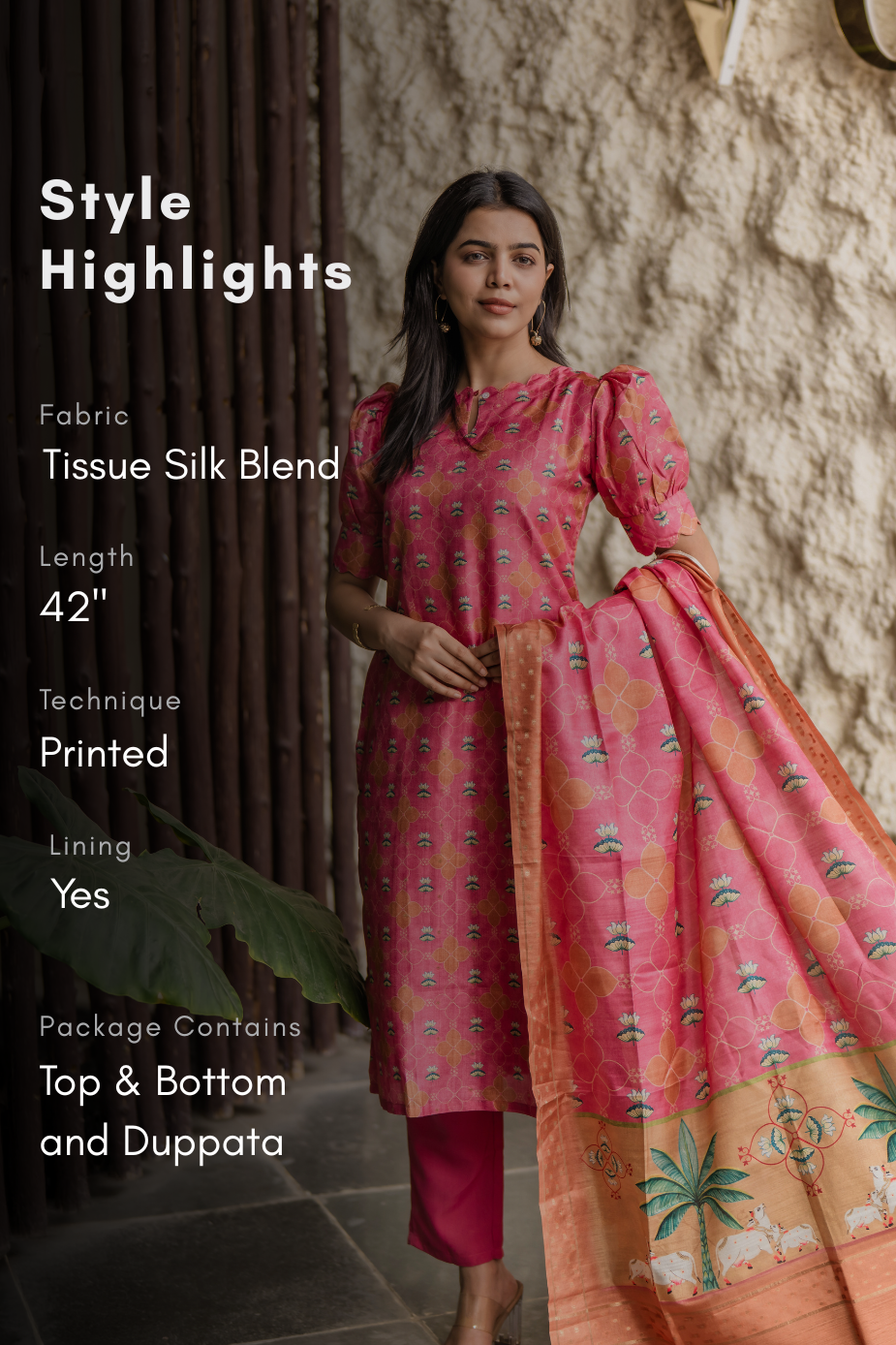 Pink Heritage 3 Piece Tissue silk blend printed Kurta with Pant &amp; Dupatta