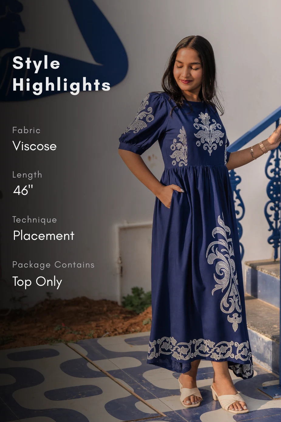 Ornate Panel Blue Viscose Dress with Boat Neck &amp; Puff Sleeves