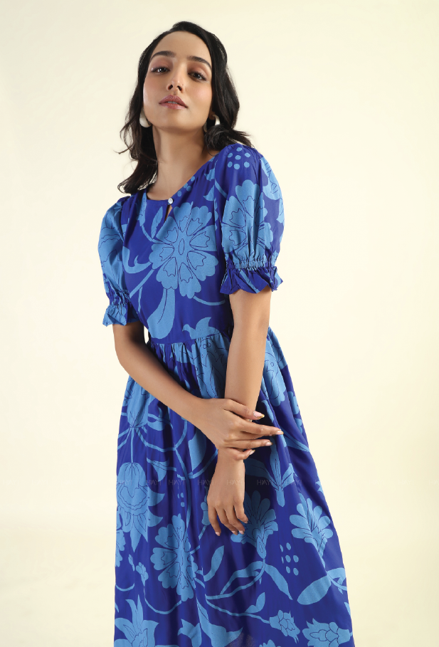 Twilight Blossom Blue printed Maternity and Feeding dress