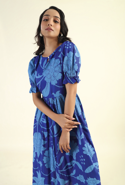 Twilight Blossom Blue printed Maternity and Feeding dress