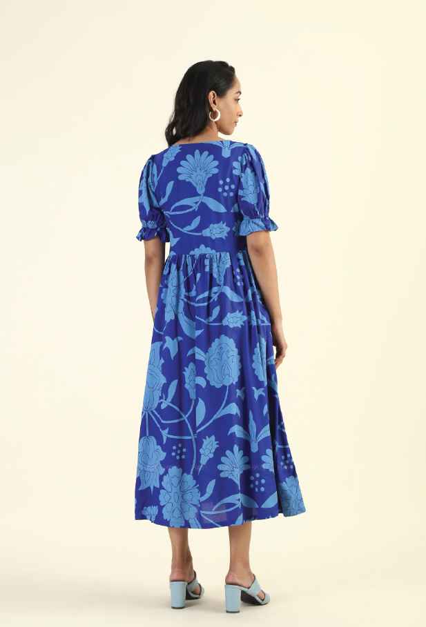 Twilight Blossom Blue printed Maternity and Feeding dress