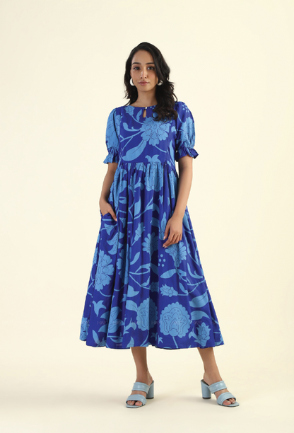 Twilight Blossom Blue printed Maternity and Feeding dress