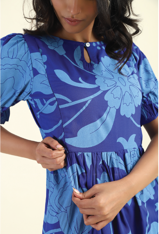 Twilight Blossom Blue printed Maternity and Feeding dress