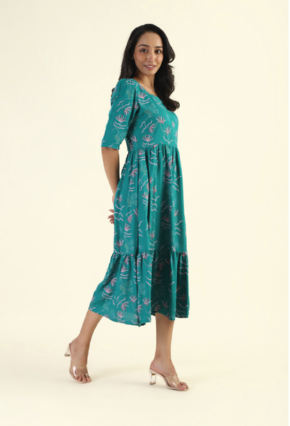 Green Harmony Teal Printed Maternity and feeding dress