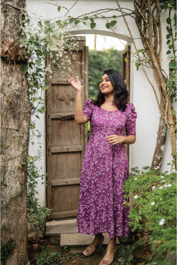 Deep Purple Cherry Plums Viscose Printed Dress
