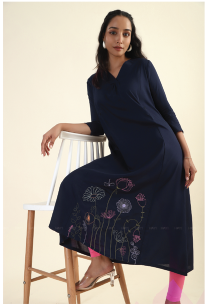 Flowering Nights Navy with embroidery Maternity and feeding dress