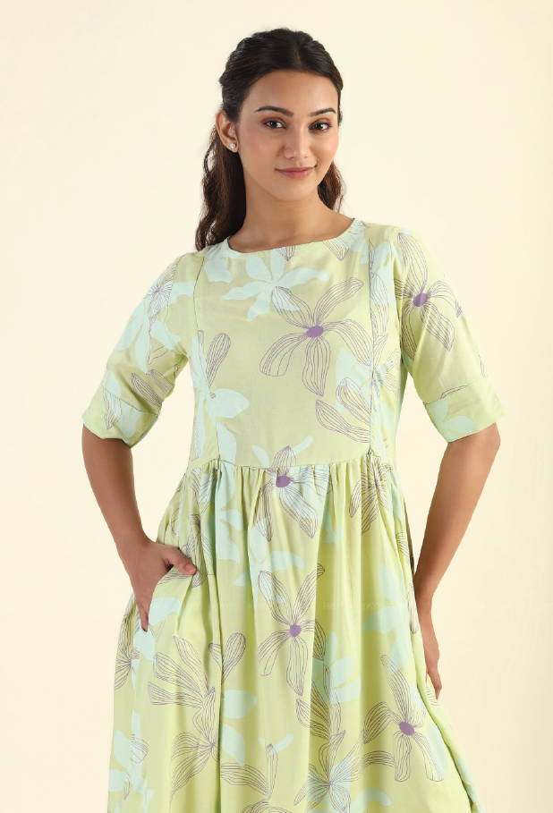 Floral Mosaic Green printed Maternity and Feeding dress
