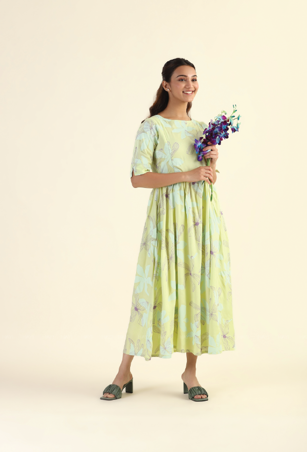 Floral Mosaic Green printed Maternity and Feeding dress