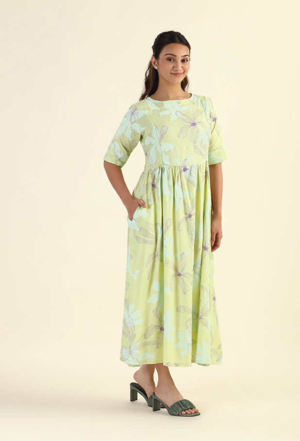 Floral Mosaic Green printed Maternity and Feeding dress