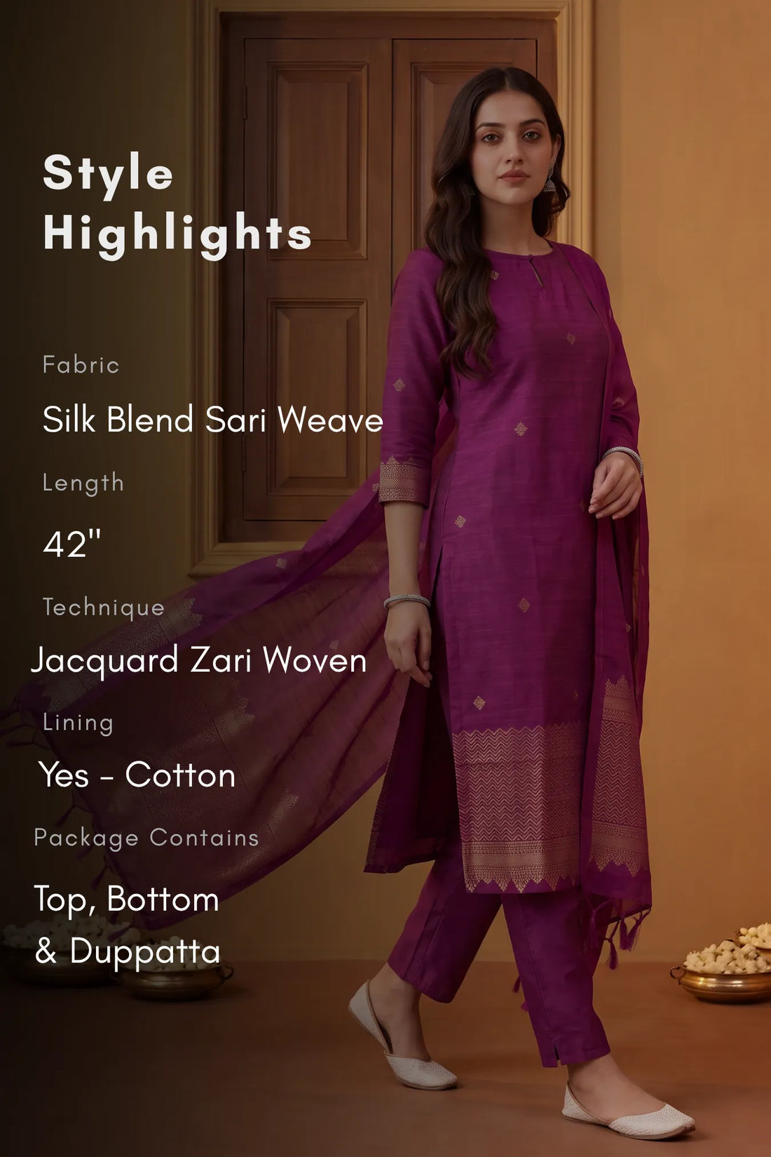 Purple Grace Silk-Blend Zari Weave 3-Piece Kurta Set