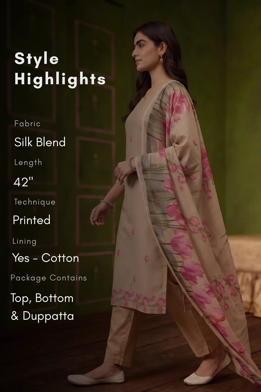 Blush Elegance Beige Silk Blend Printed 3-Piece Kurta Set