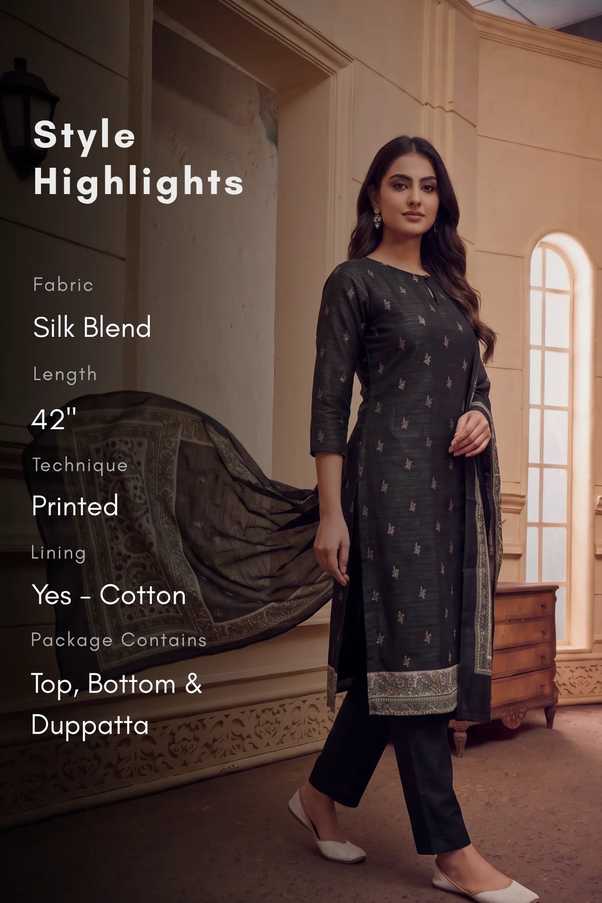 Moonlit Motif Black Silk Blend Printed 3-Piece Kurta Set
