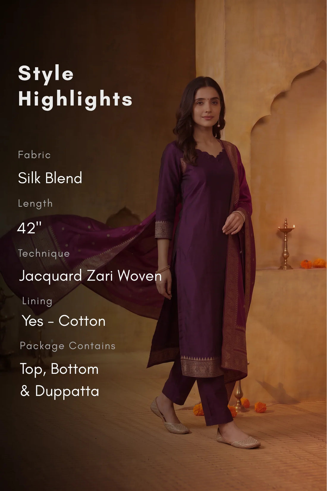 Royal Tapestry Purple Silk Blend 3-Piece Woven Kurta Set