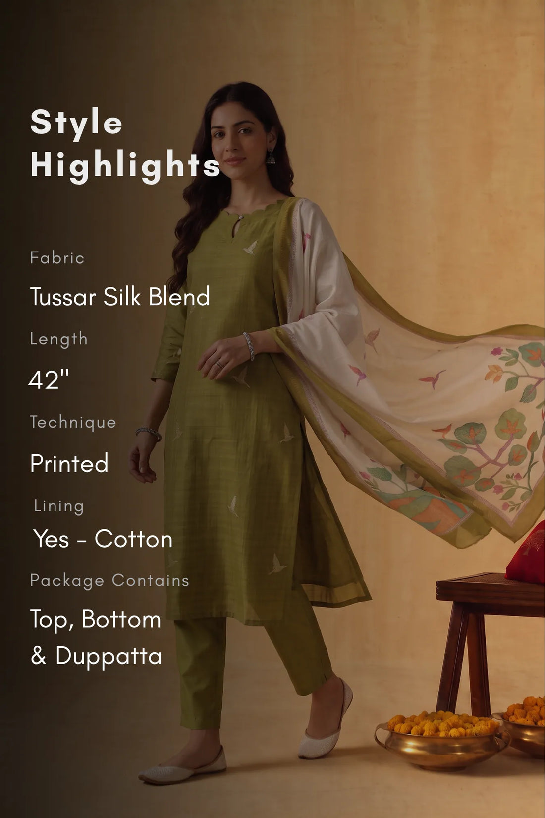 Lime Petals Green Tussar Silk Blend 3-Piece Printed Kurta Set
