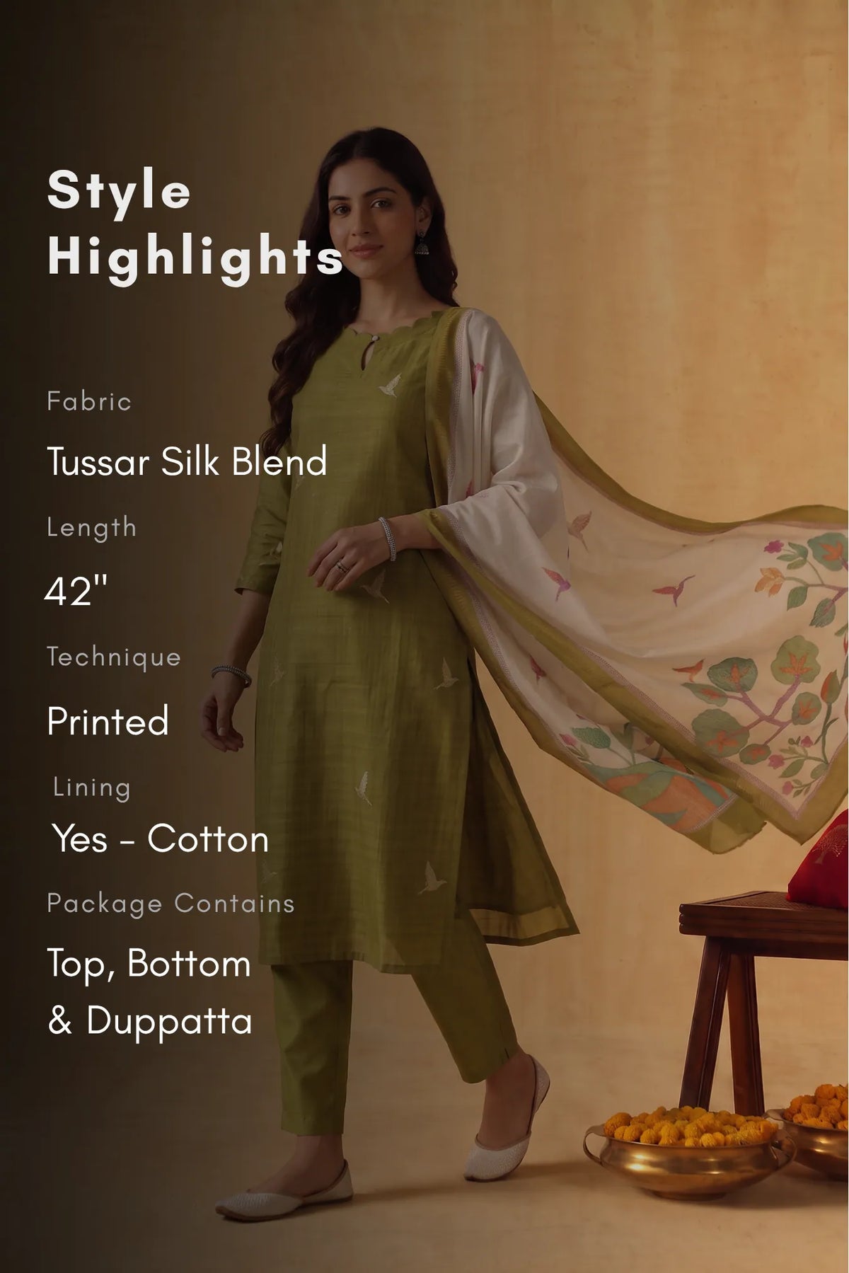 Lime Petals Green Tussar Silk Blend 3-Piece Printed Kurta Set