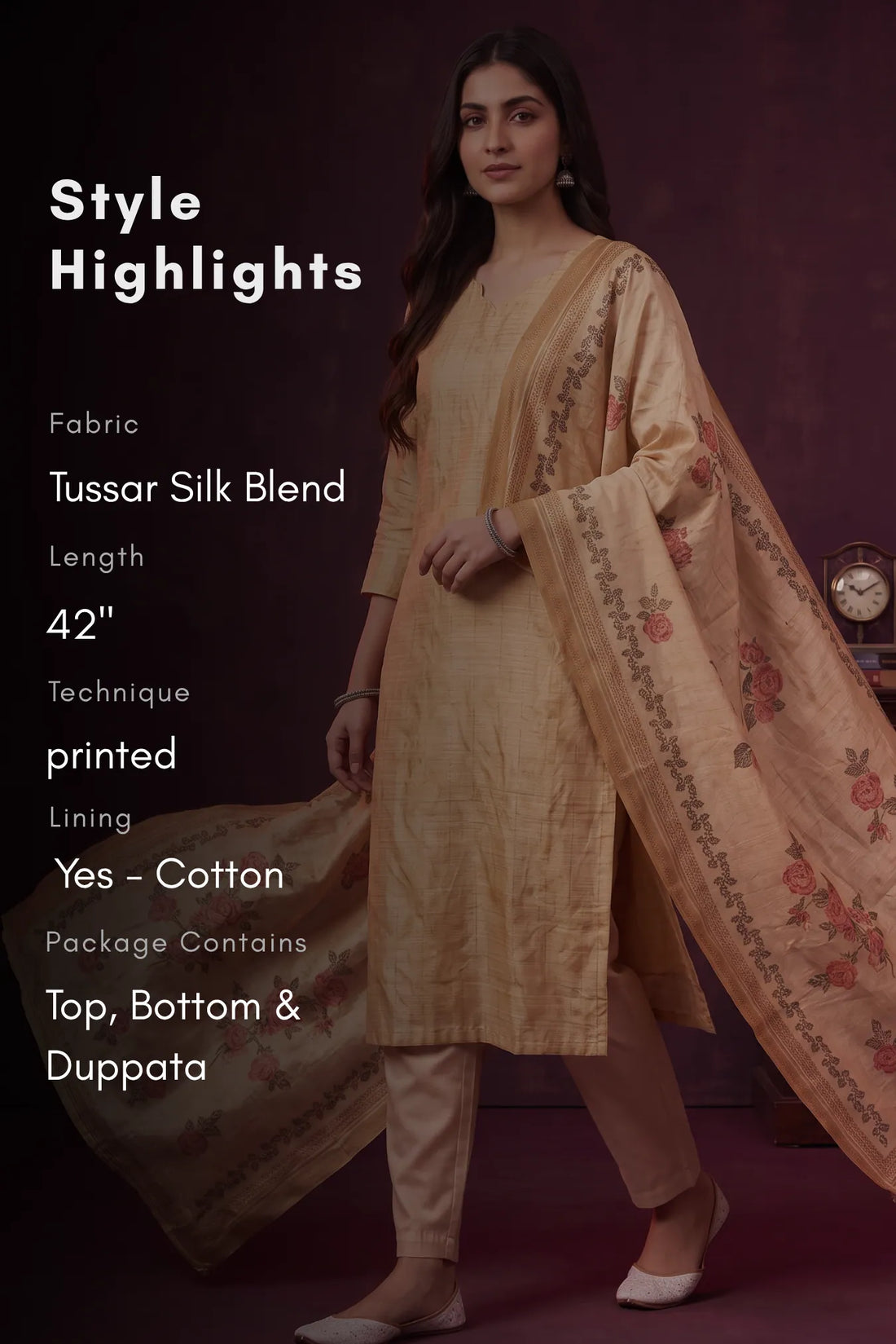 Golden Petal Yellow Tussar Silk Blend 3-Piece Printed Kurta Set