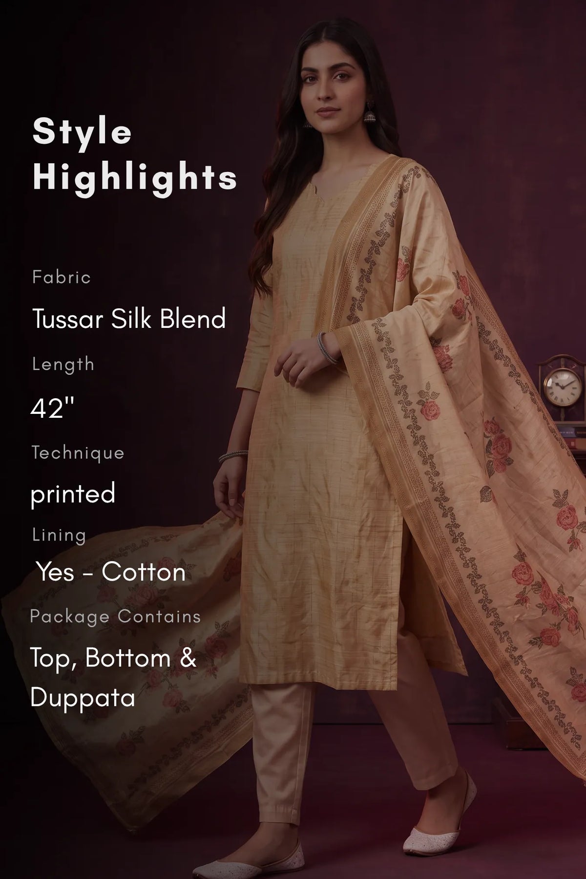 Golden Petal Yellow Tussar Silk Blend 3-Piece Printed Kurta Set
