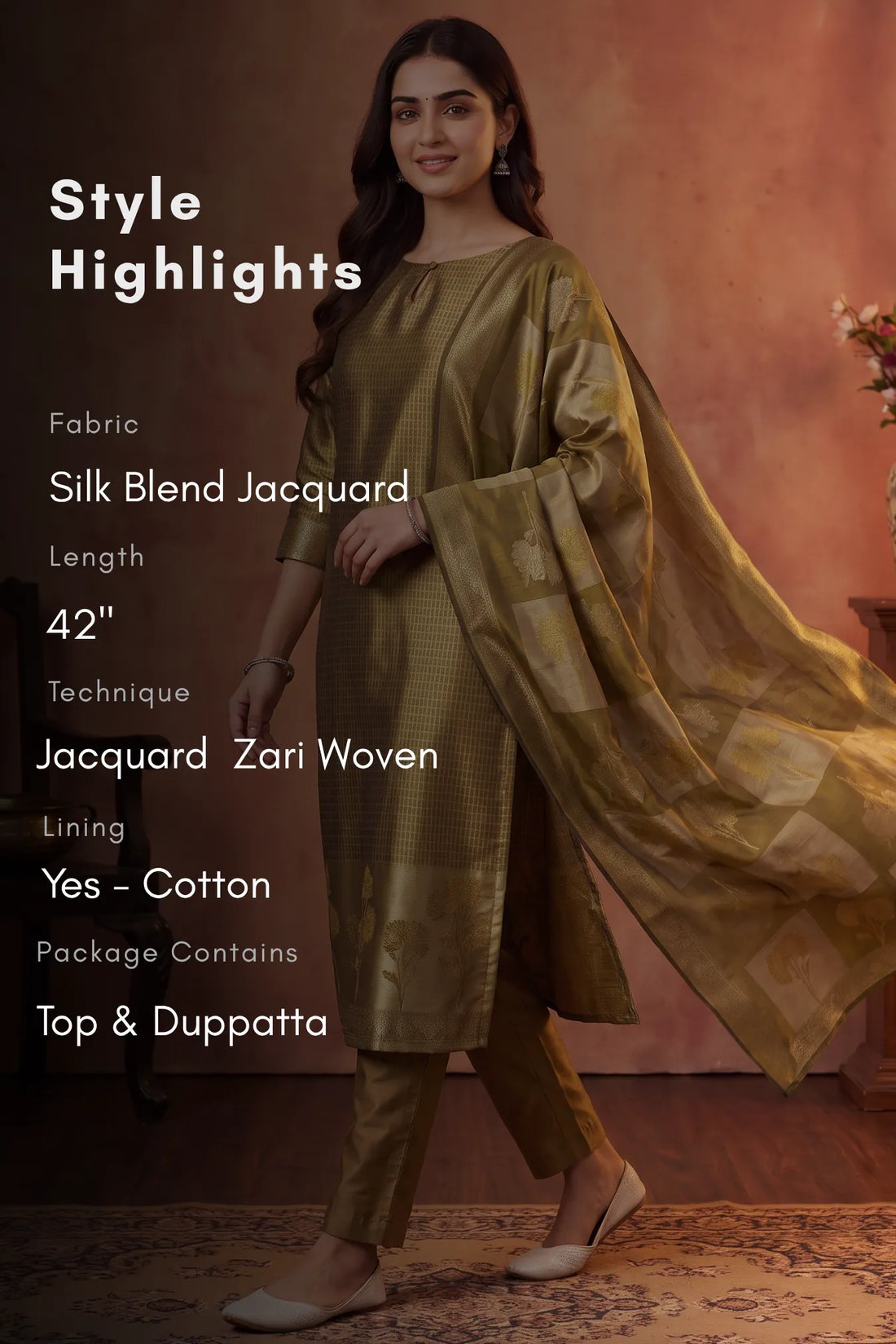 Gilded Meadow Golden Yellow Silk Blend Jacquard 2-Piece Set