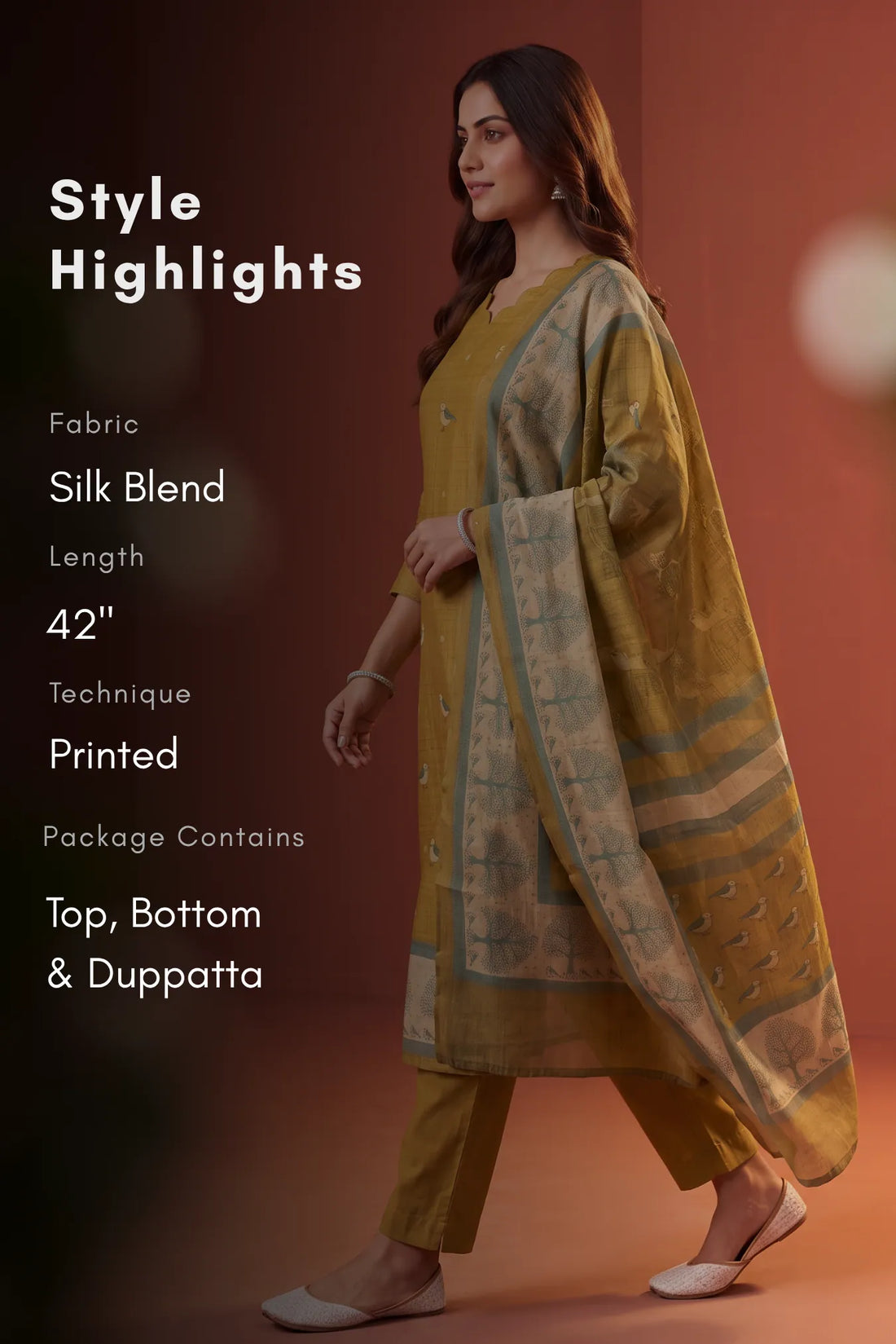 Birdsong Bloom Golden Yellow Silk Blend 3-Piece Kurta Set