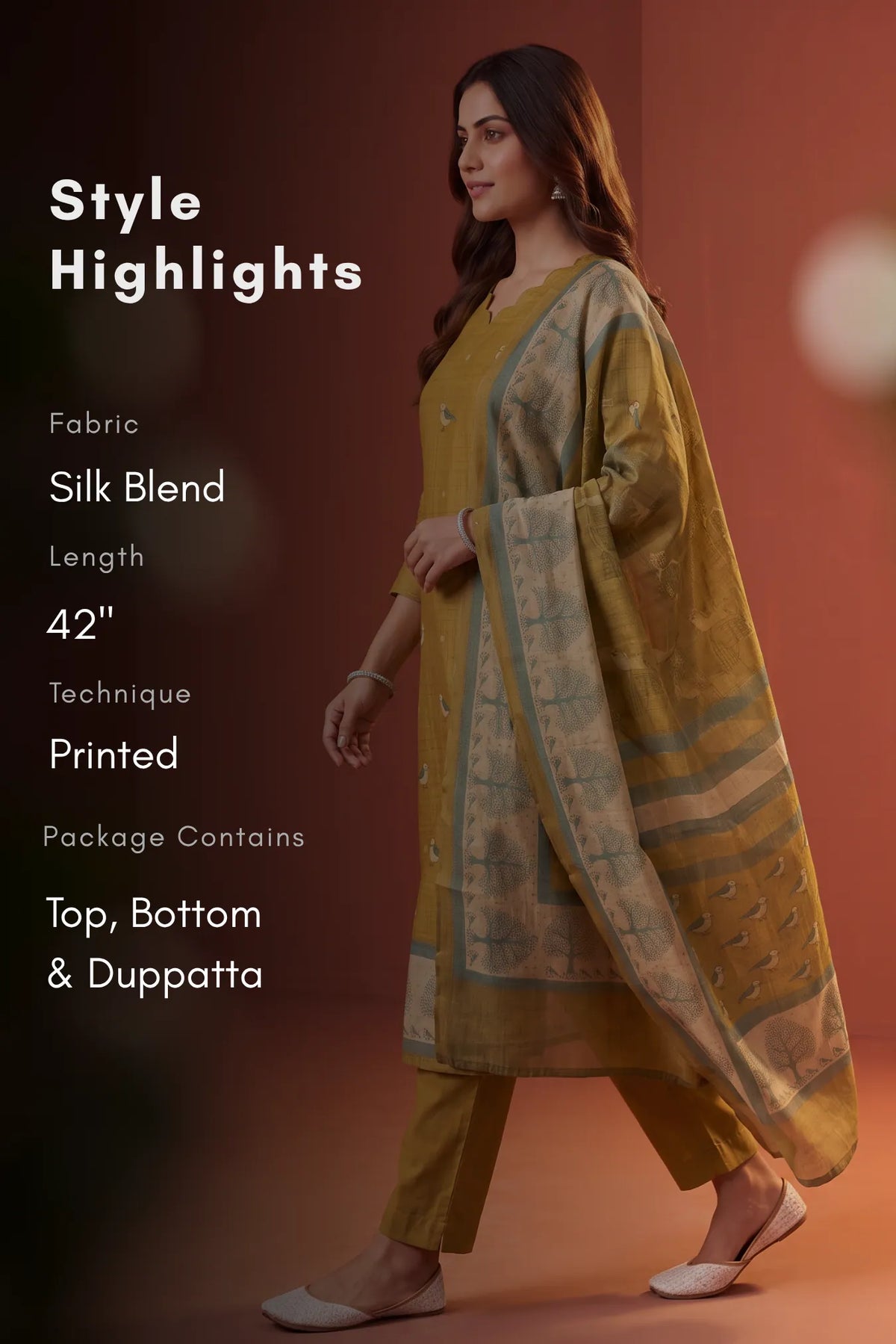 Birdsong Bloom Golden Yellow Silk Blend 3-Piece Kurta Set