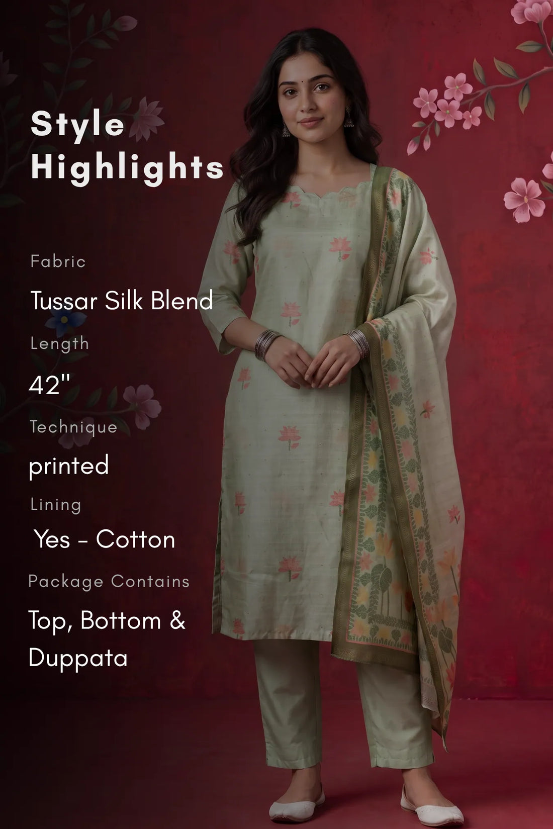 Petal Breeze Green Tussar Silk Blend 3-Piece Printed Kurta Set