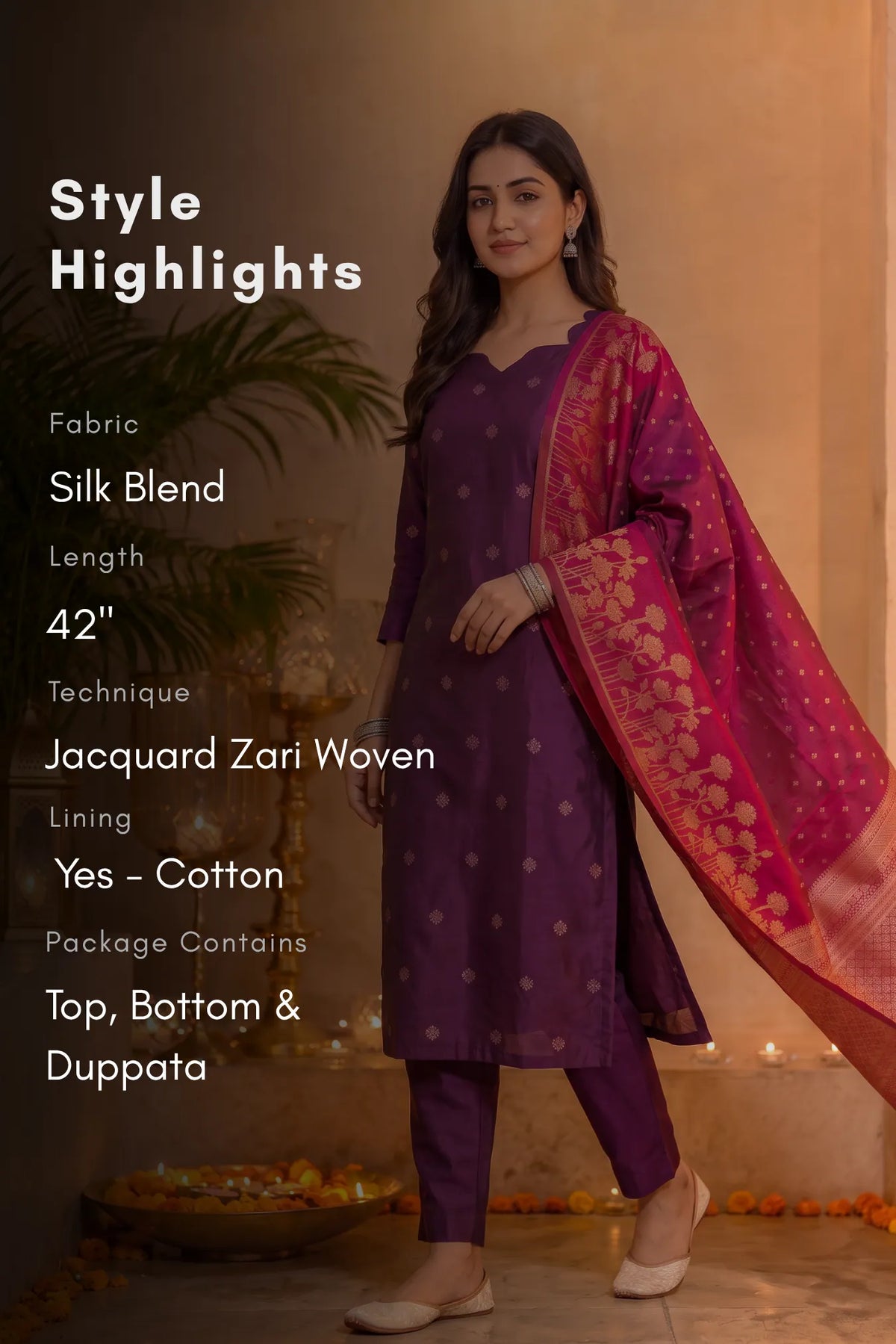 Blooming Amethyst Purple Silk Blend Jacquard Woven 3-Piece Kurta Set