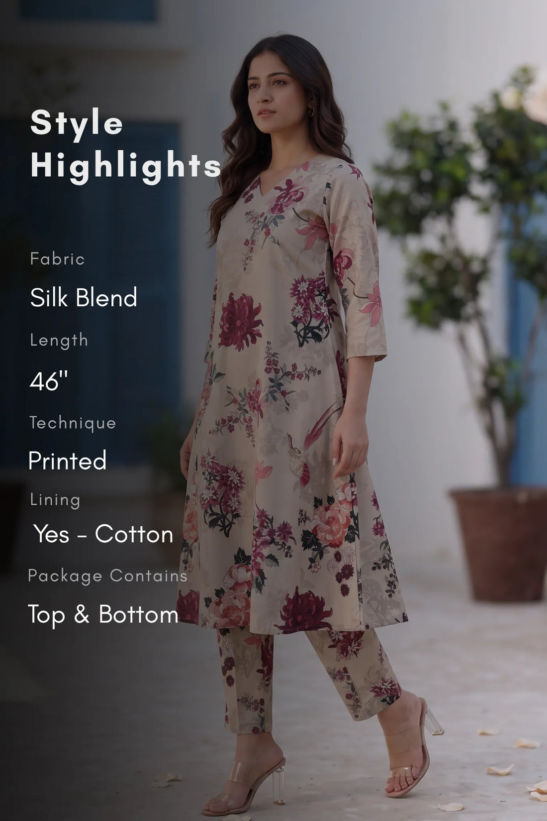 Winged Blossom White Silk Blend Printed Co-ord Set