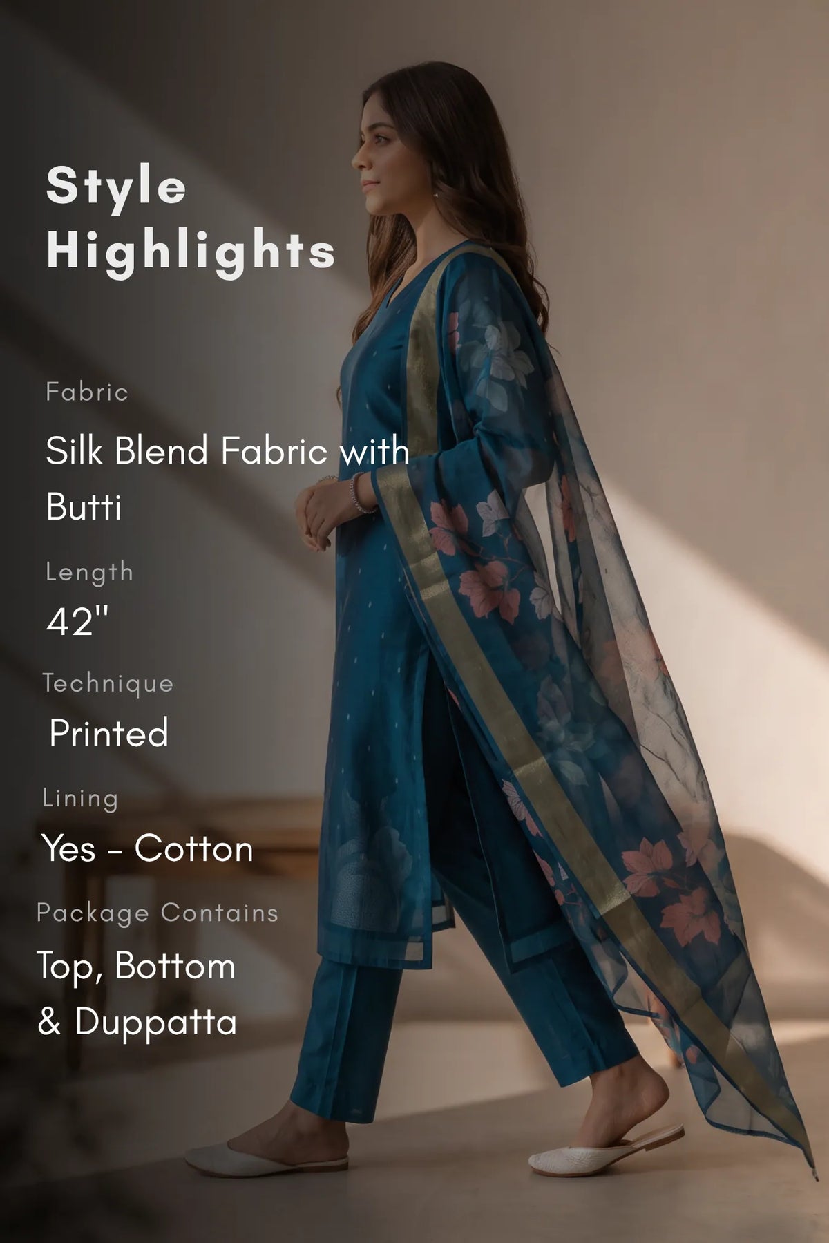 Ocean Blossom Blue Silk Blend Butti Printed 3-Piece Kurta Set