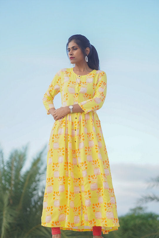 PEACHED PRINT UMBRELLA KURTI